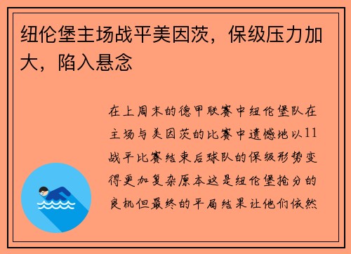 纽伦堡主场战平美因茨，保级压力加大，陷入悬念